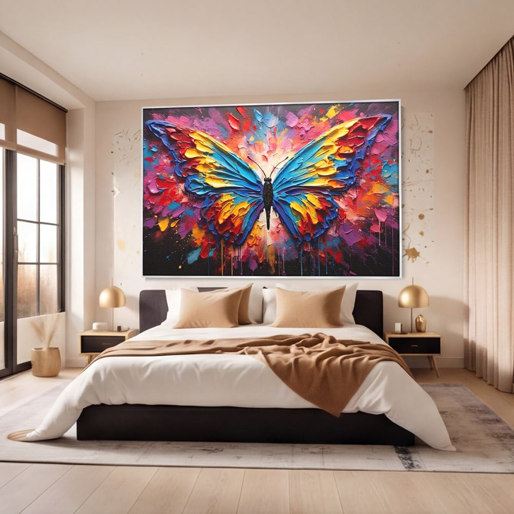 Tablou canvas cu pictura cu fluture colorat, in rama de aluminiu argintiu, pe perete intr-un dormitor
